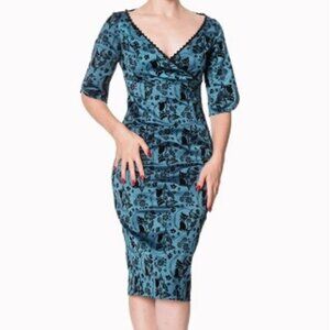 Banned Apparel Sia Bella Flocked Cat Print Wiggle Dress S NEW Blue 50s Retro